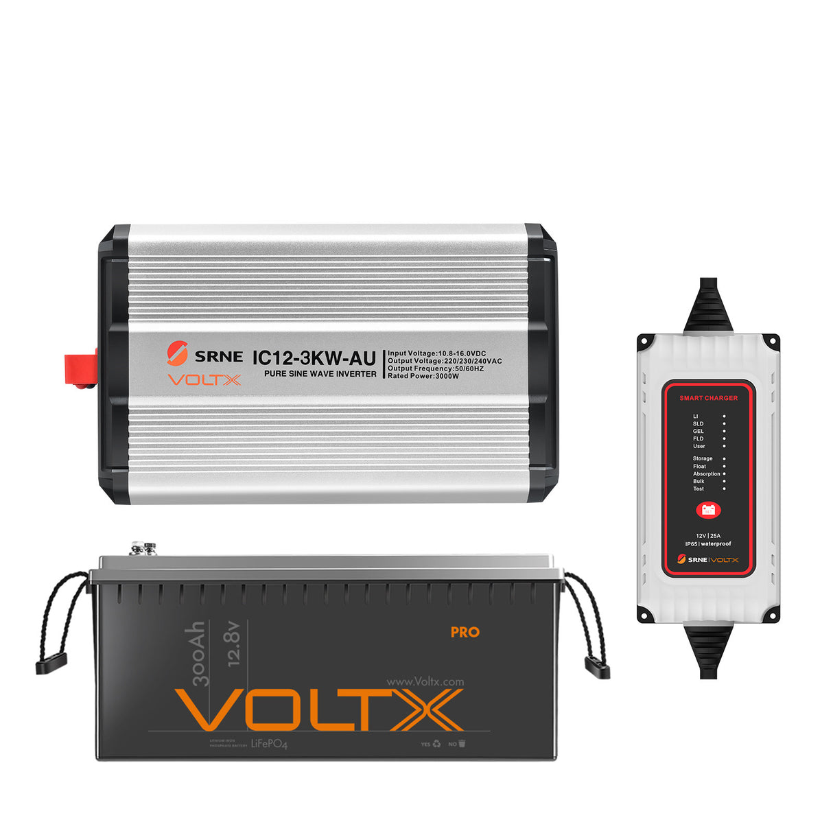 BUNDLE DEAL - VoltX 12V 300Ah Lithium Battery + SRNE VoltX 25A AC Charger + 12V 3KW Inverter