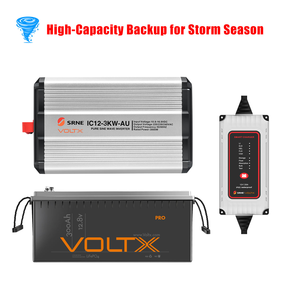 BUNDLE DEAL - VoltX 12V 300Ah Lithium Battery + SRNE VoltX 25A AC Charger + 12V 3KW Inverter