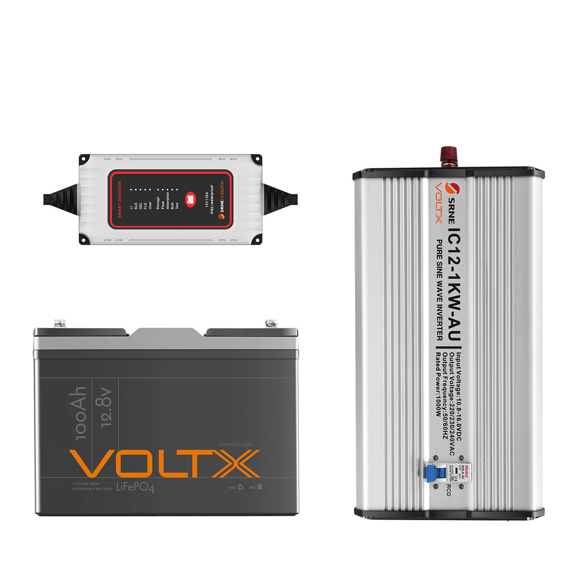 BUNDLE DEAL - VoltX 12V 100AH Lithium Battery + SRNE VoltX 25A AC Charger + 12V 1KW Inverter
