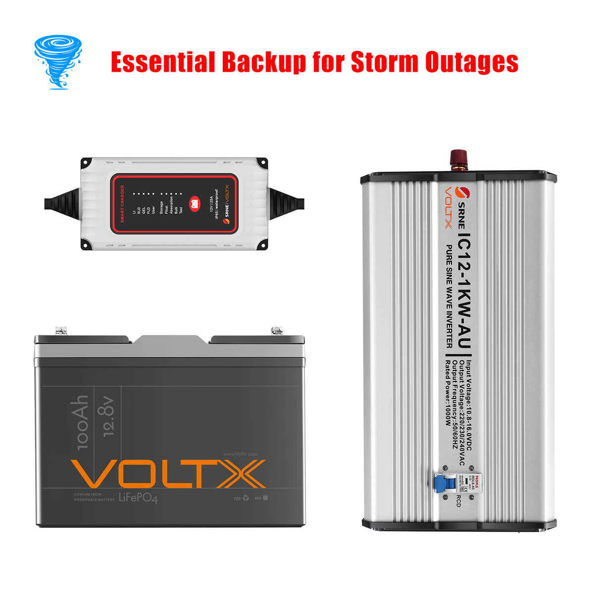 BUNDLE DEAL - VoltX 12V 100AH Lithium Battery + SRNE VoltX 25A AC Charger + 12V 1KW Inverter