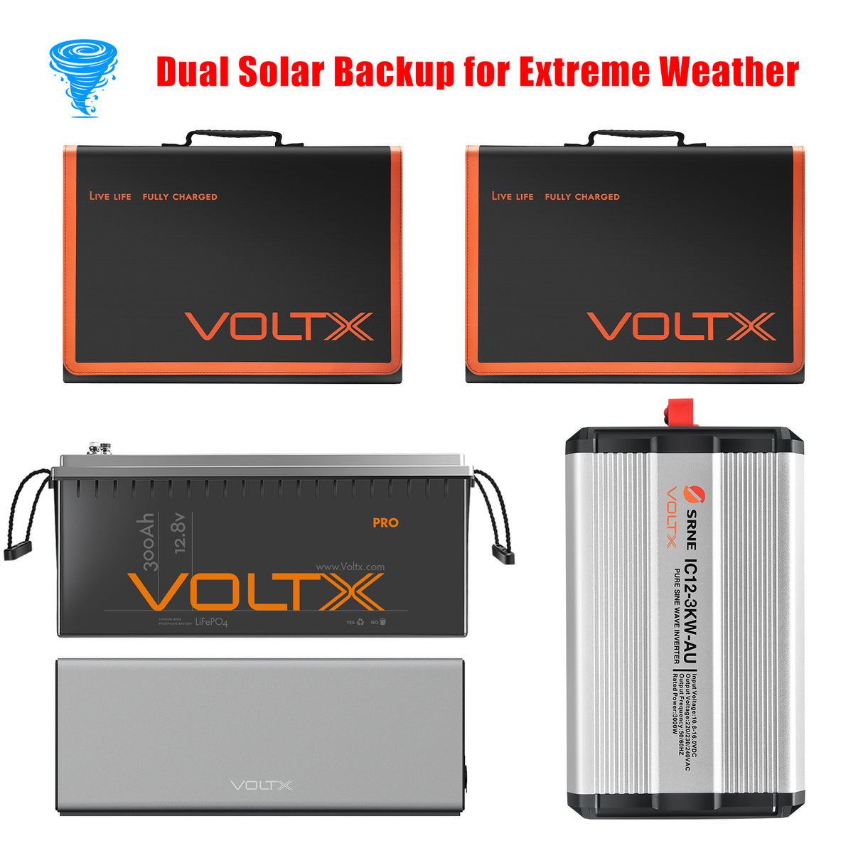 BUNDLE DEAL - VoltX 12V 300Ah Lithium Battery + 3KW Inverter + 2* 200W Solar Panel + 2KW Power Station