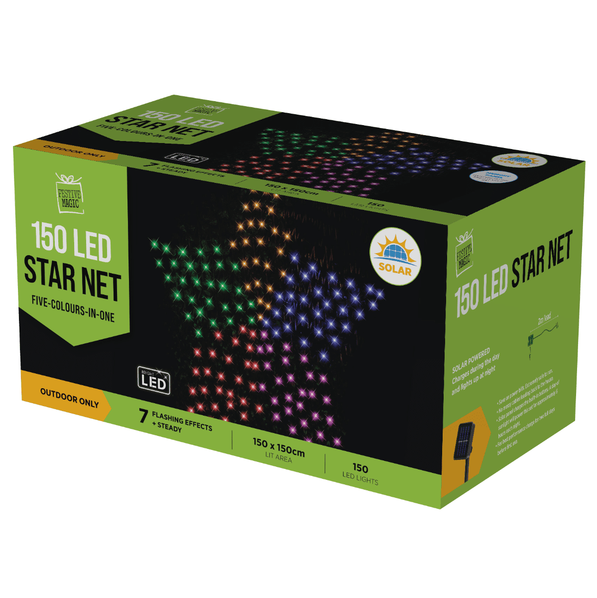 Stockholm Christmas Lights 150 LED Solar Star Net Rope Multi Colour Xmas Decor