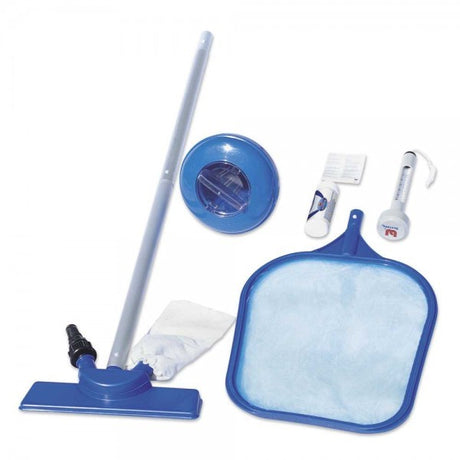 Pool cleaning kit with net, thermometer, and other tools