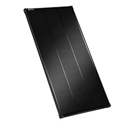 Black solar panel tilted slightly to the left against a white background