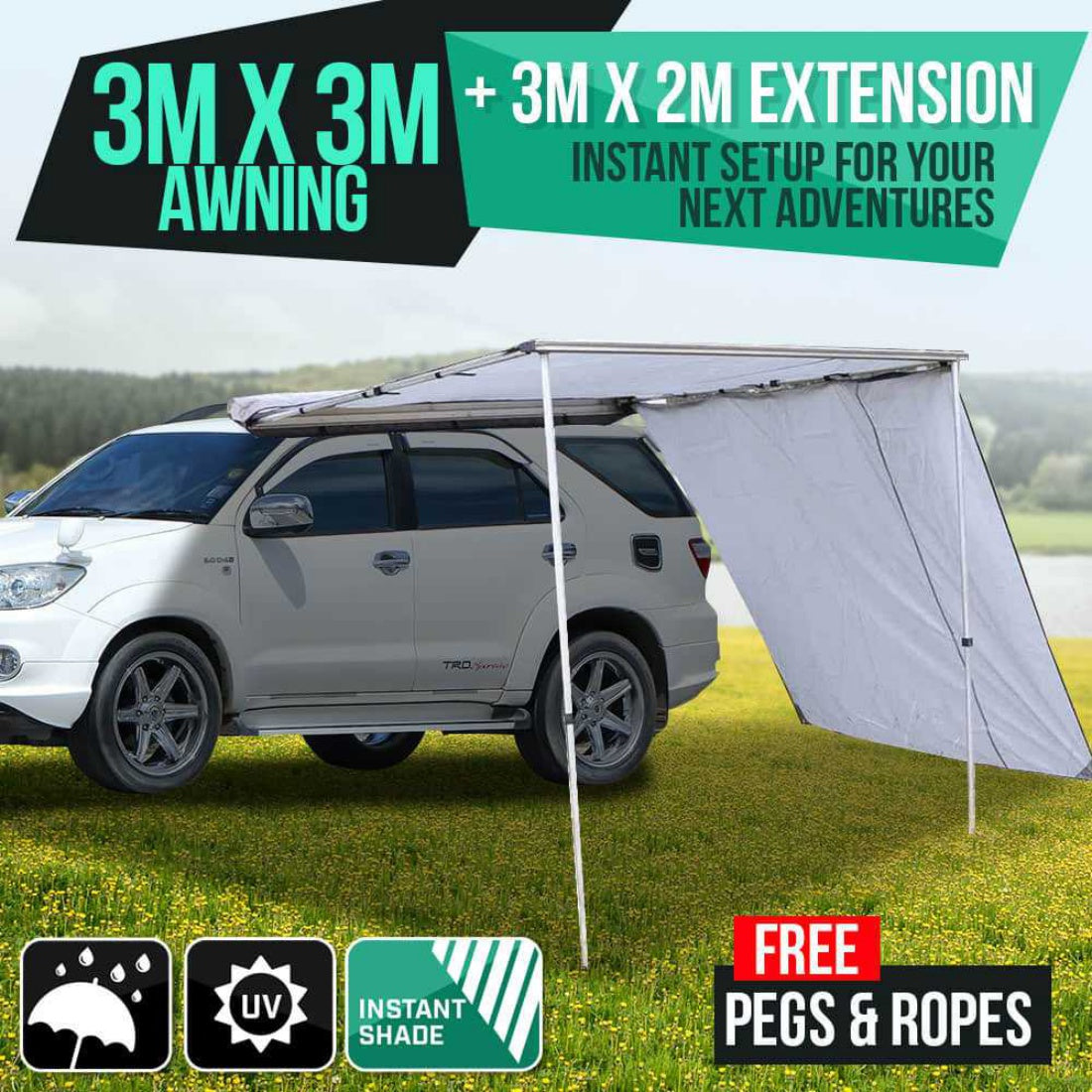 New Awning Roof Tent 3m x 3m + Extension 3m x 2m Camping Trailer 4WD Car Rack