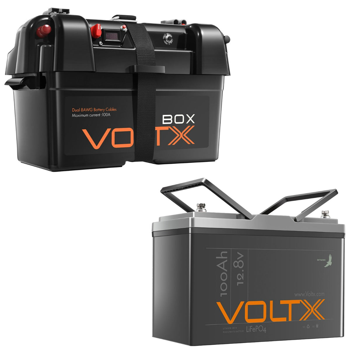 VOLTX 12V 100Ah Lithium Battery LiFePO4 + 12V Battery Box with 2xUSB