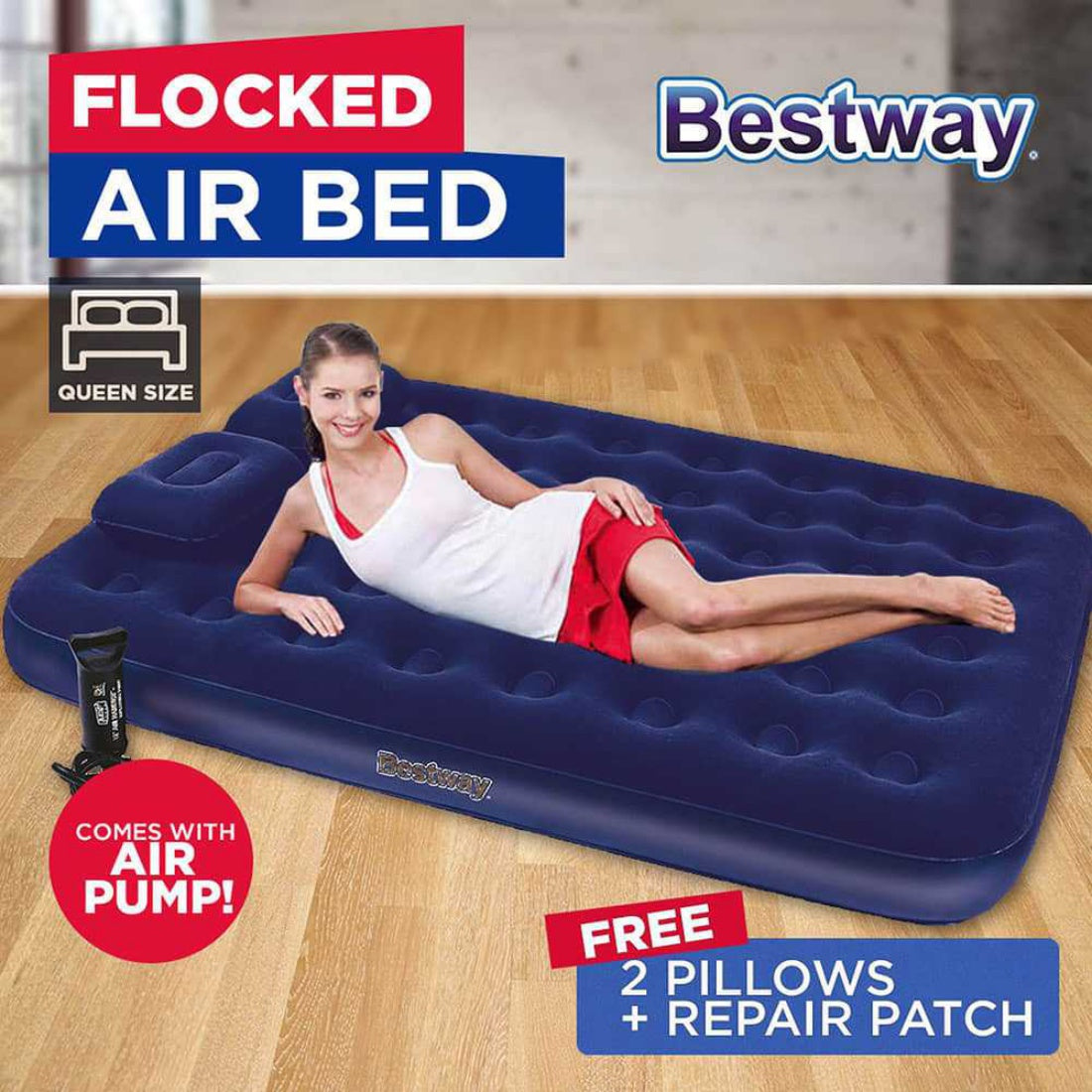 Bestway Queen Size Flocked Air Bed + Air Pump
