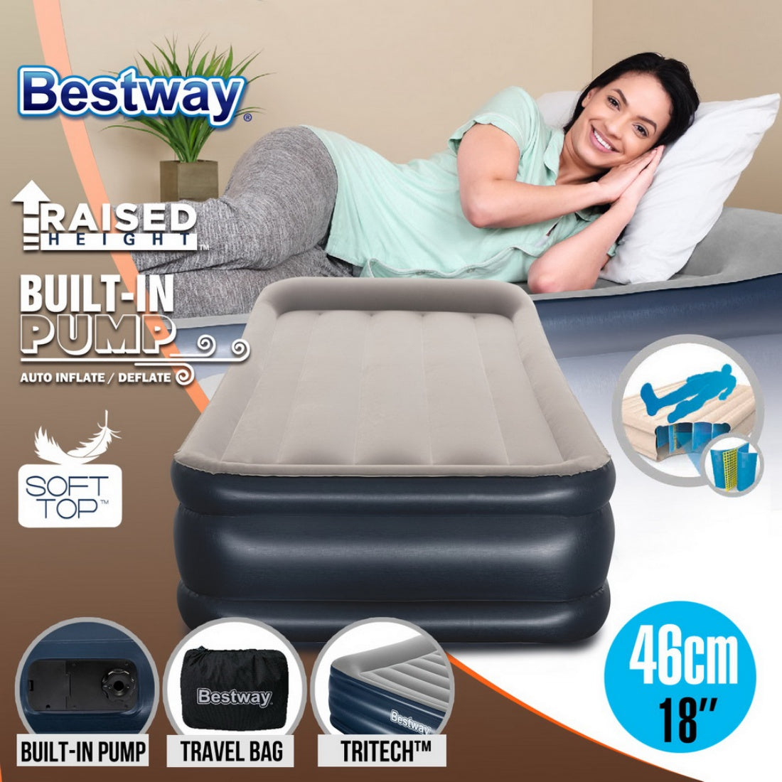 Bestway Single Air Bed Premium Inflatable Mattress Electric Built Pump Camping