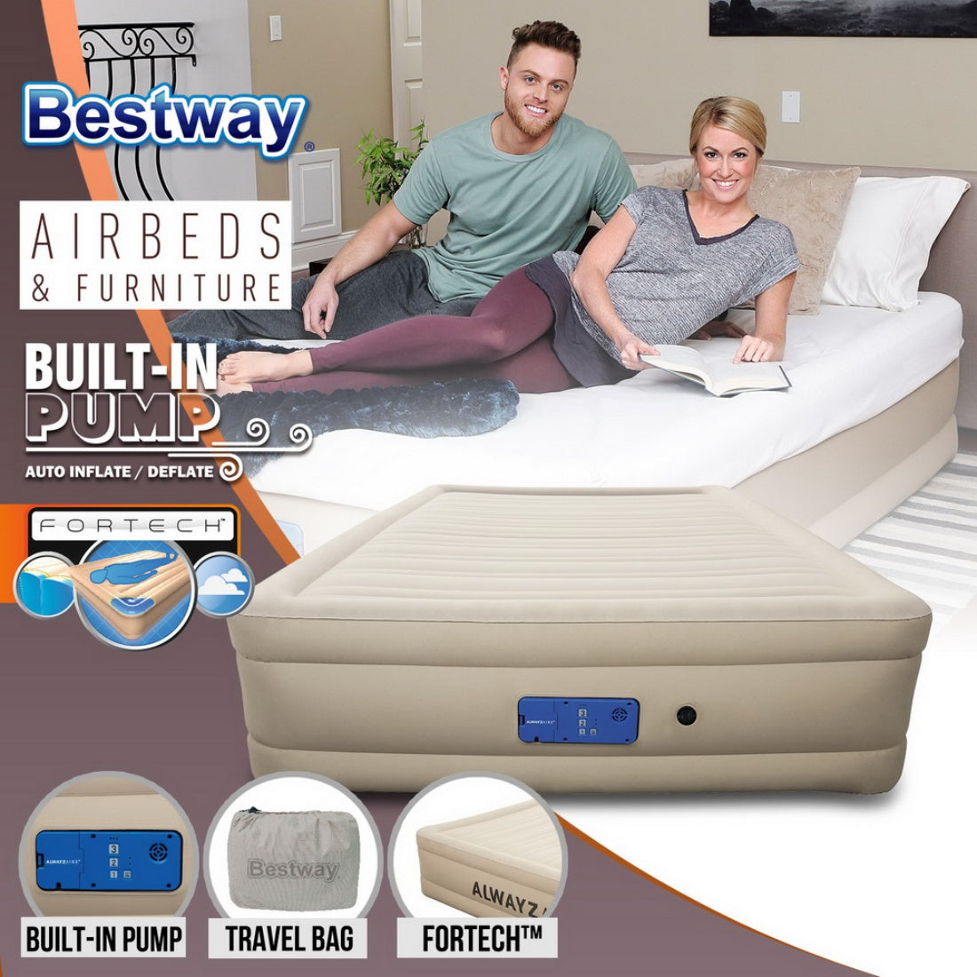 Bestway Air Bed Inflatable Luxury Queen Blow Up Mattress Built-in Pump Travel