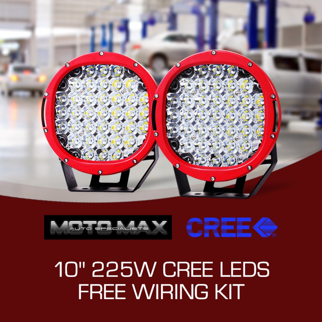 Pair Motomax 10 inch 225W LED Driving Lights Red Cree Round Spotlights Offroad