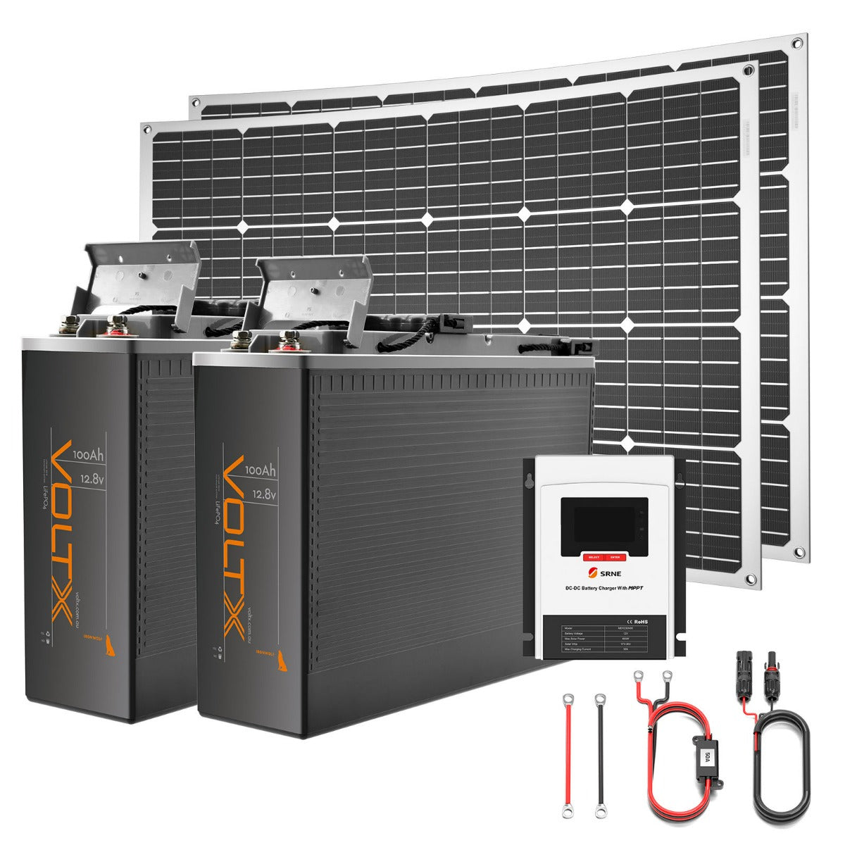 VoltX 2x 100ah LiFePO4 Battery Slimline 2x 145w Solar Panels 30a Dc-dc MPPT Charge Controller