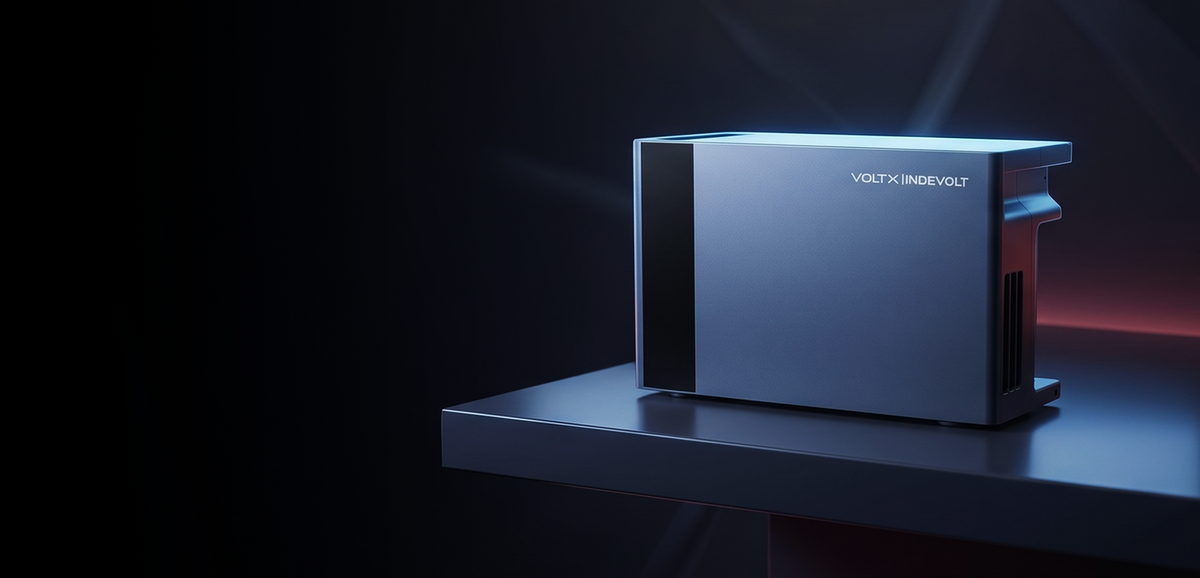 VoltX Indevolt PowerFlex 3000 power station on a dark shelf