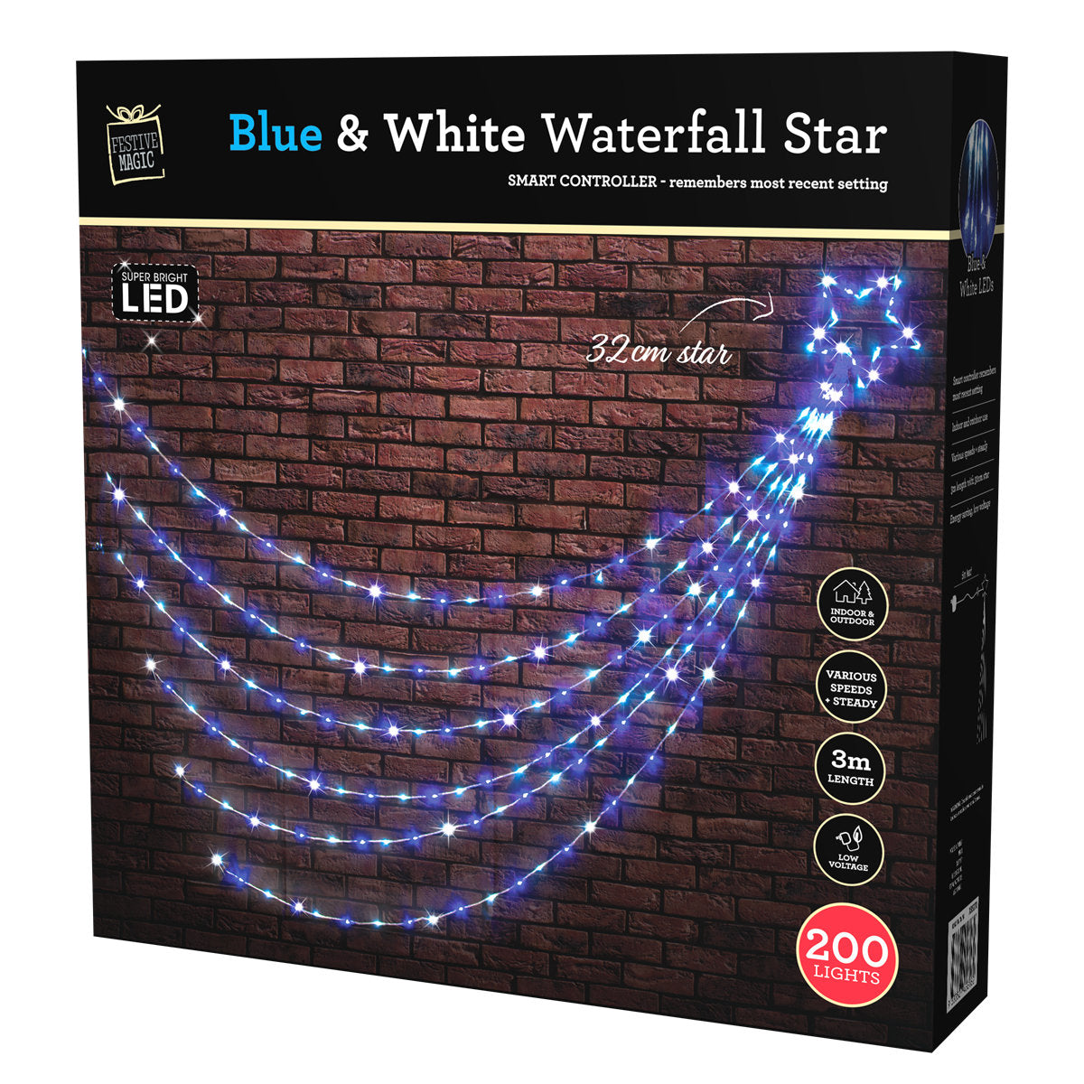 Stockholm Outdoor LED Waterfall Star 200 Blue & Cool White Bulbs Christmas Light Display 3m