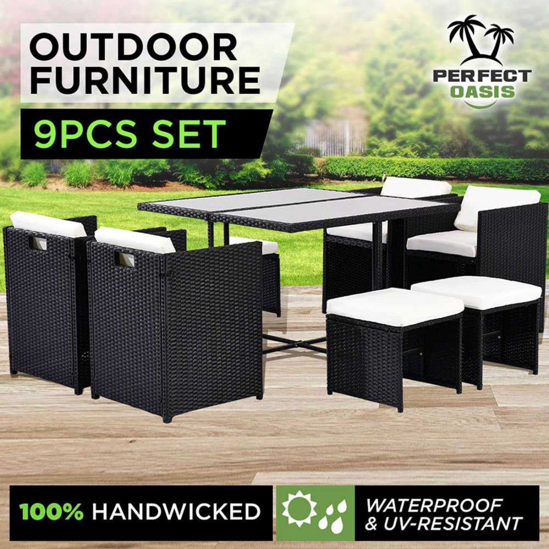 9pc Perfect Oasis Black Outdoor Dining Set Wicker Rattan Furniture