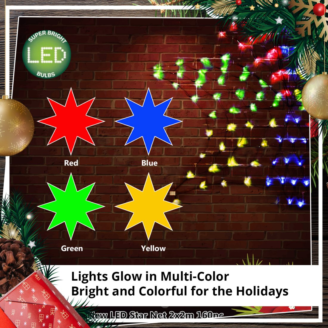 Outdoor LED Star Net 2x2m 160pc Multicoloured Christmas Lights Display