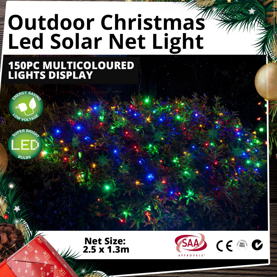 Outdoor LED Solar Net Light 150pc Multicoloured Christmas Lights Display