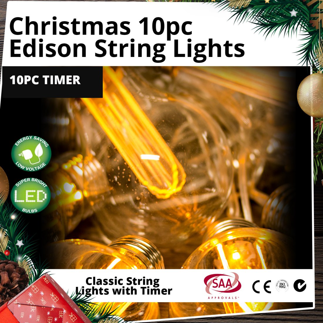 Outdoor LED Edison String Lights 10pc with Timer Christmas Display (CLEARANCE)