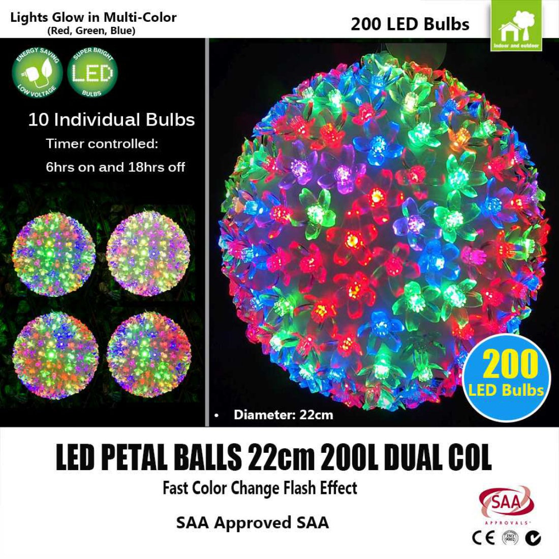 Outdoor 200 LED Petal Ball 22cm Dual Coloured Light Christmas Display
