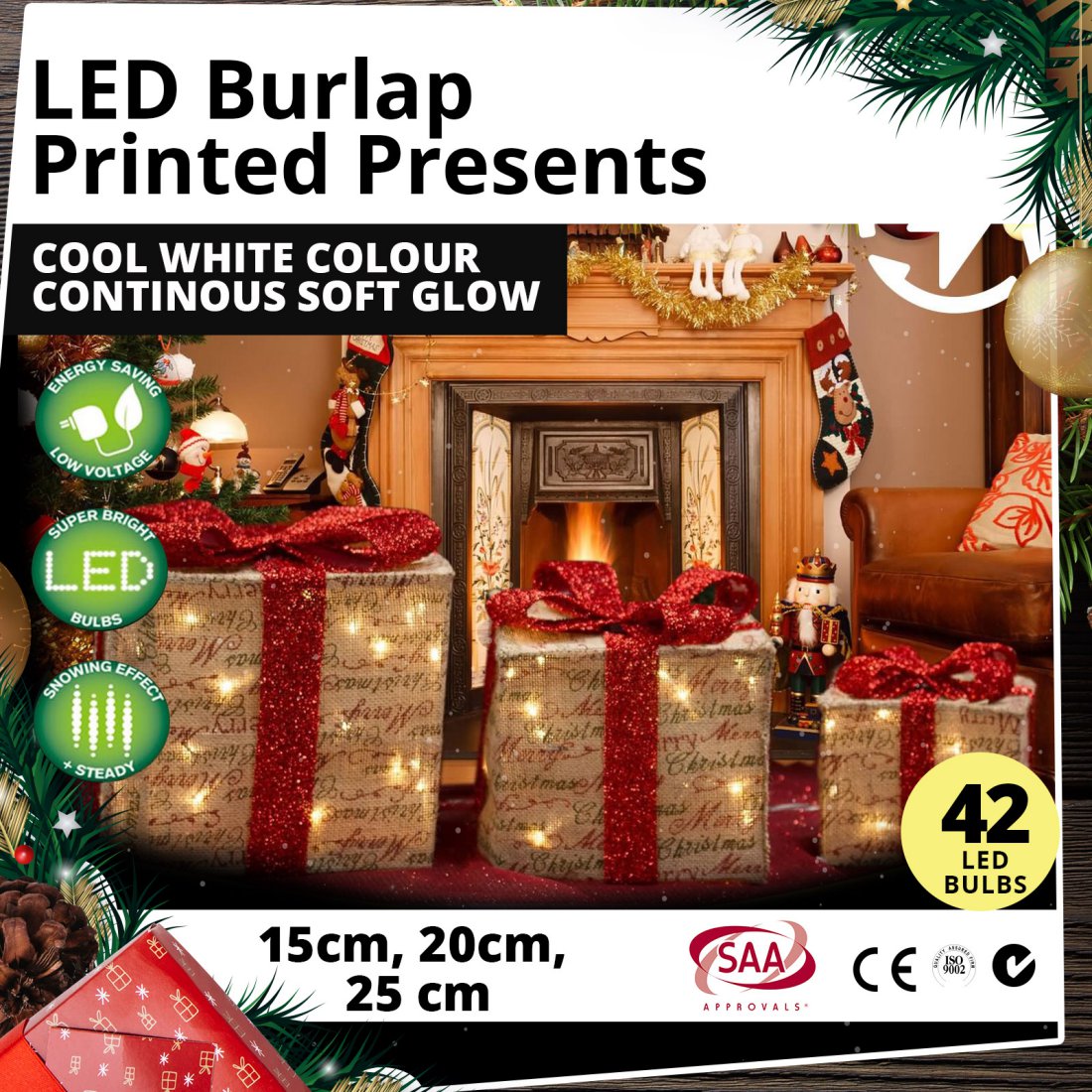 3x LED Christmas Lights Gift Box with Red Ribbon Natural Burlap Cool White Decor