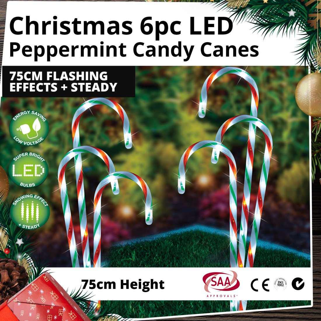 Christmas 6pc LED Peppermint Candy Canes 75cm Flashing Effects + Steady