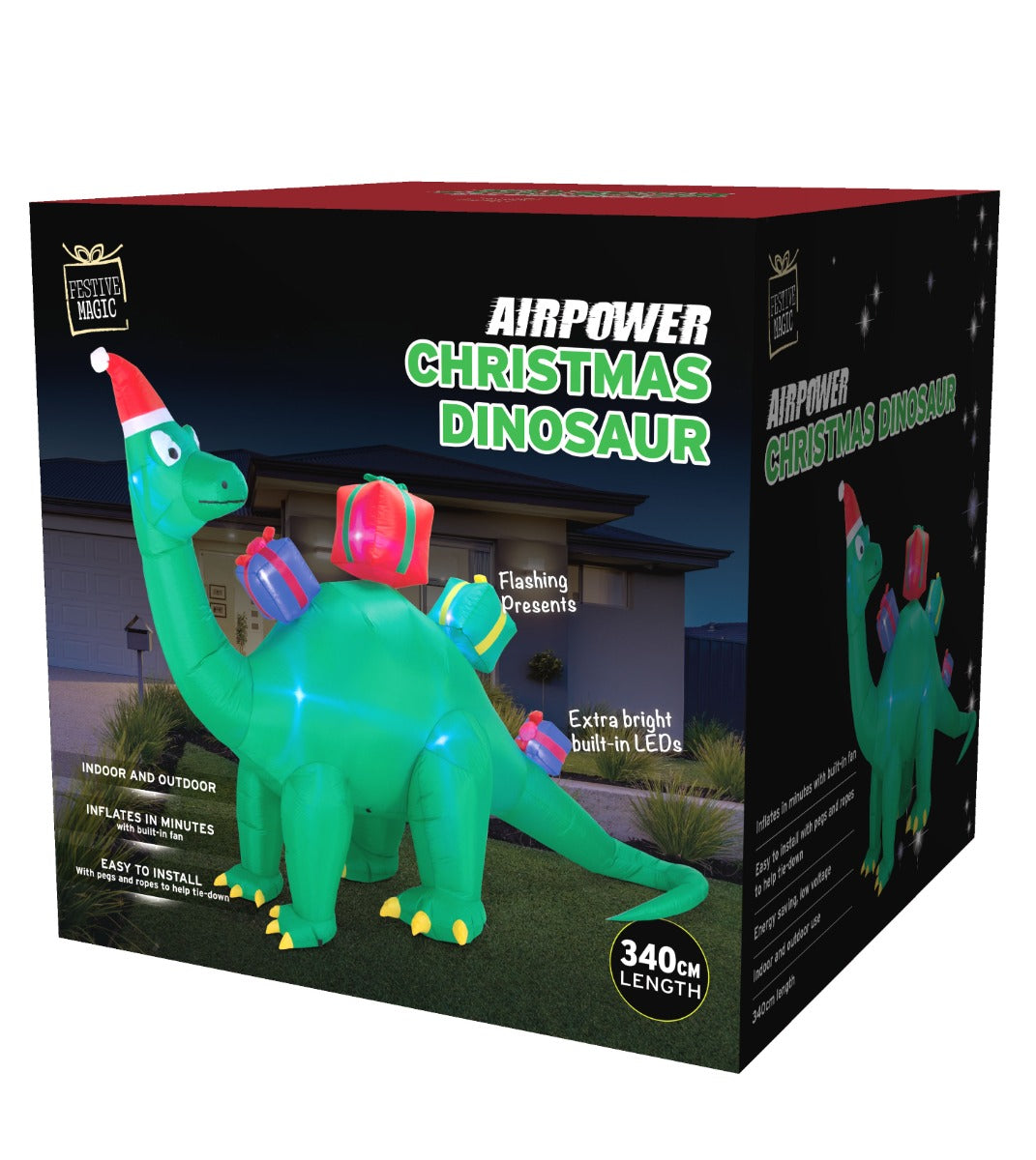 Stockholm Airpower Dino with 4 Presents Flashing Cool White LED 340 Cm