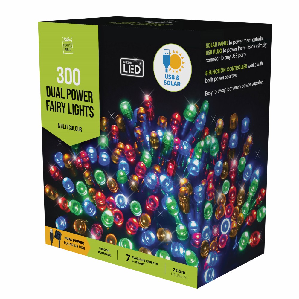 Stockholm Christmas Lights Solar USB String Fairy Lights 300 LEDs Multi Colour